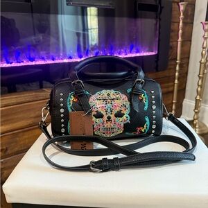 Montana West Black Crossbody with Multicolor Embroidered Sugar Skull